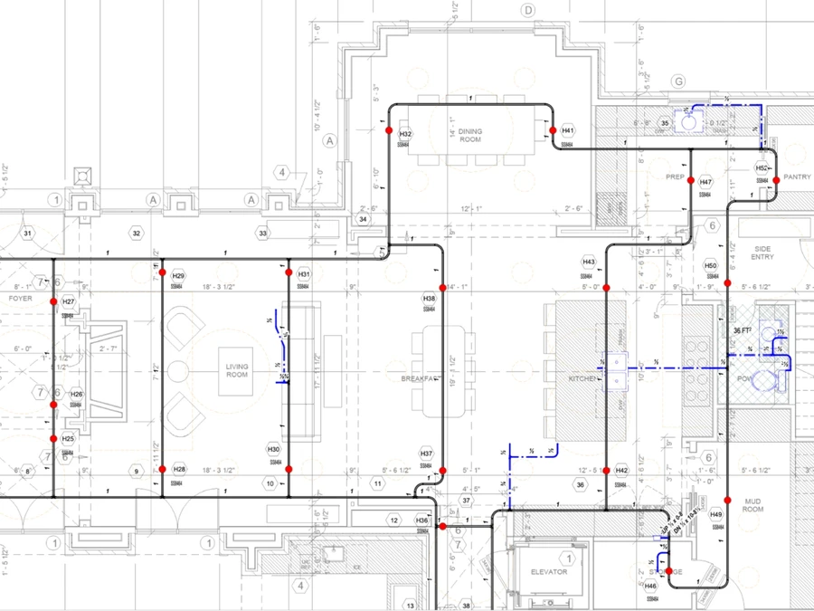 NFPA 13D multipurpose fire sprinkler design plan by Eco Water Solutions showing sprinkler head placements and pipe routing across a custom home floor plan